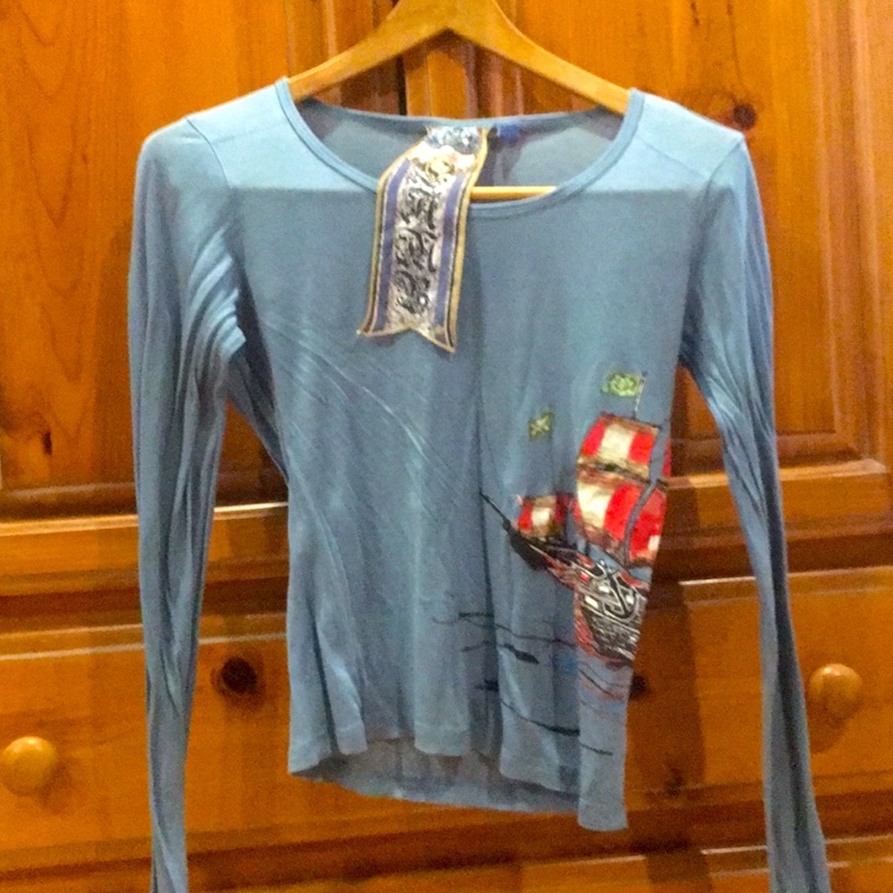 ✨🆕L.A.M.B. Blue Pirate Ship Long Sleeve Shirt!Sz Small!Fall 2005 Collection!RARE